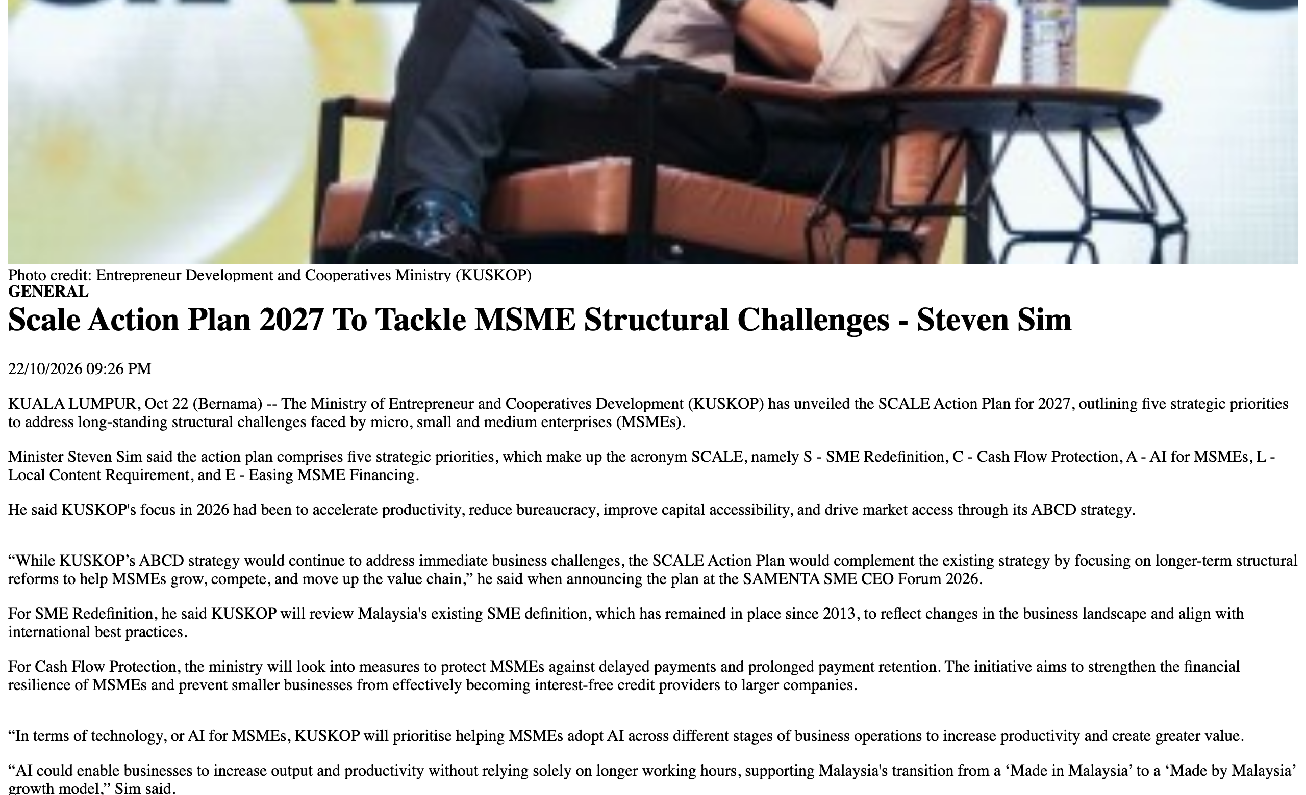 Bernama report headlined Scale Action Plan 2027 To Tackle MSME Structural Challenges, dated 22 October 2026, listing the five SCALE priorities