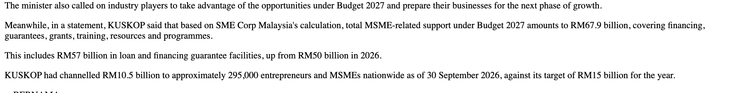 Bernama paragraph stating total MSME-related support under Budget 2027 is RM67.9 billion, including RM57 billion in loan and financing guarantee facilities