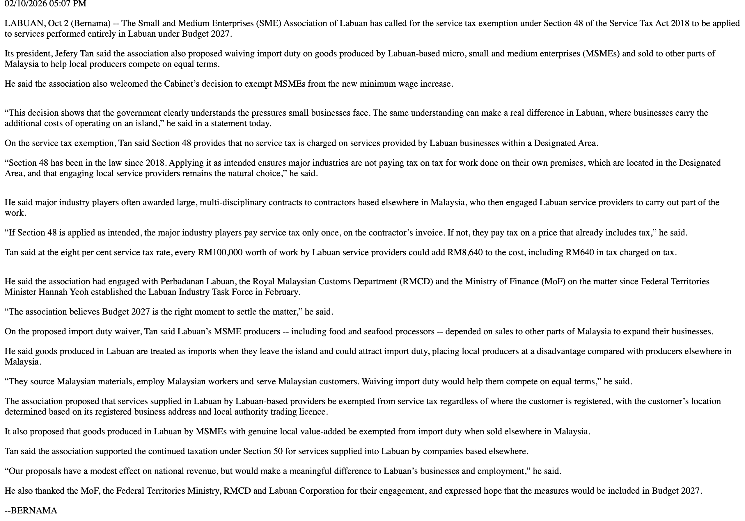 Bernama paragraph giving the tax-on-tax arithmetic the Labuan association relies on: at the current service tax rate, every RM100,000 worth of work by Labuan service providers could add RM8,640 to the cost, including RM640 in tax charged on tax