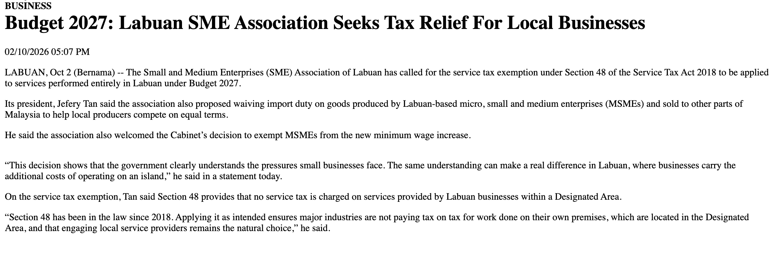 Bernama report of the Labuan Section 48 tax relief proposal ahead of Budget 2027, with the quoted passage on the relief