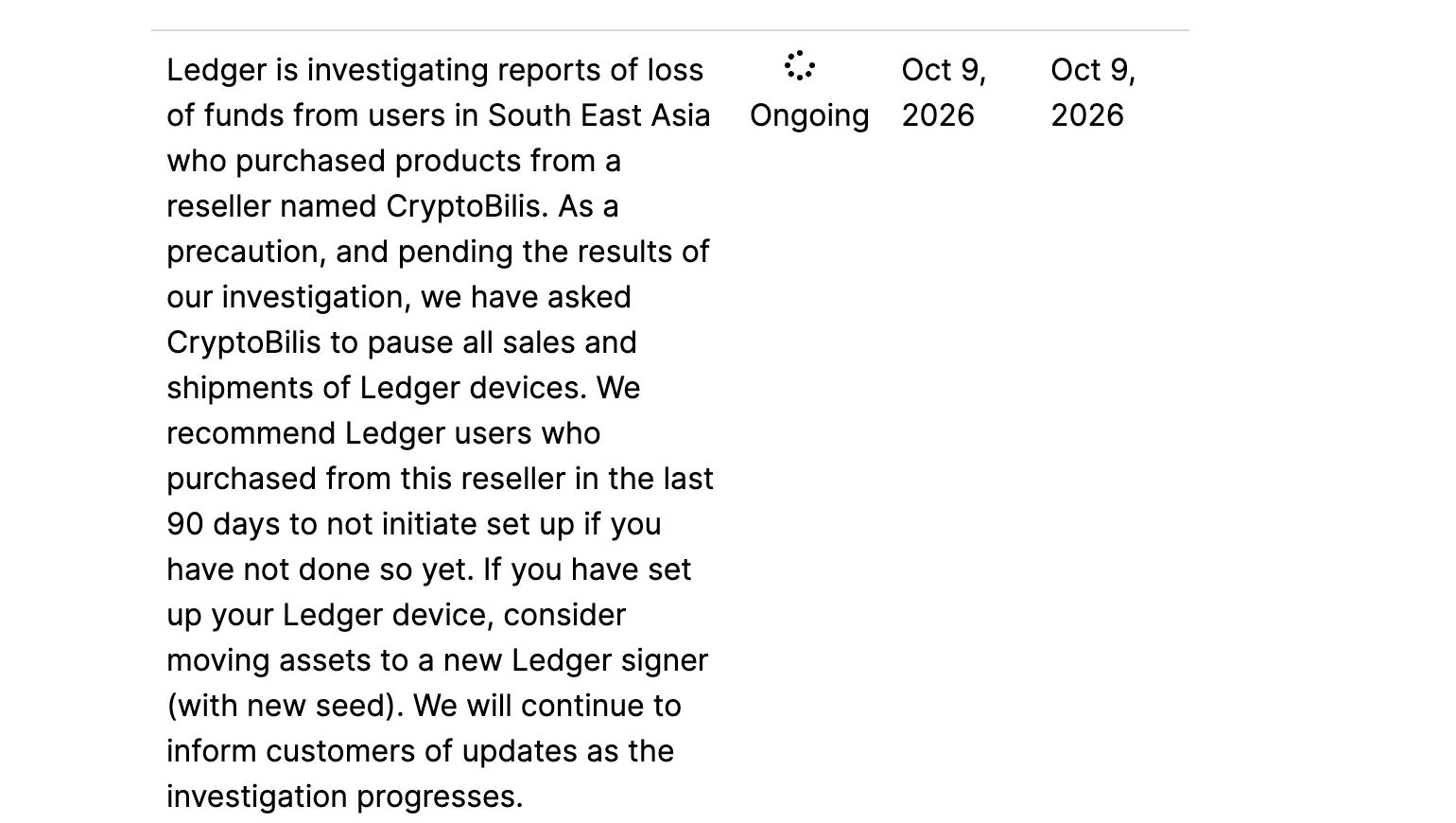 Ledger's Ongoing Issues status page, showing the CryptoBilis entry created 9 October 2026 with the instruction not to set up an unopened device and to move assets to a new signer with a new seed