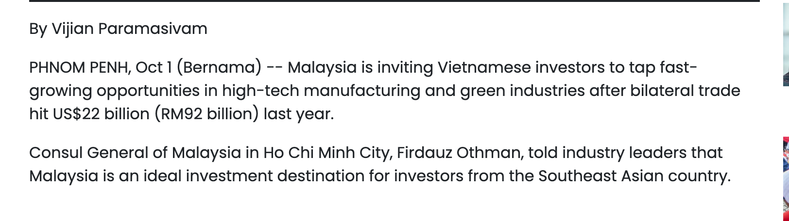 Bernama report headlined 'Malaysia Urges Vietnamese CEOs To Tap High-Tech, Green Manufacturing Boom', carrying the RM92 billion bilateral trade figure