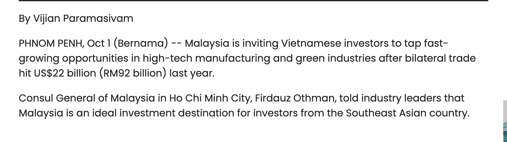 Bernama report, showing the passage containing "high-tech manufacturing"