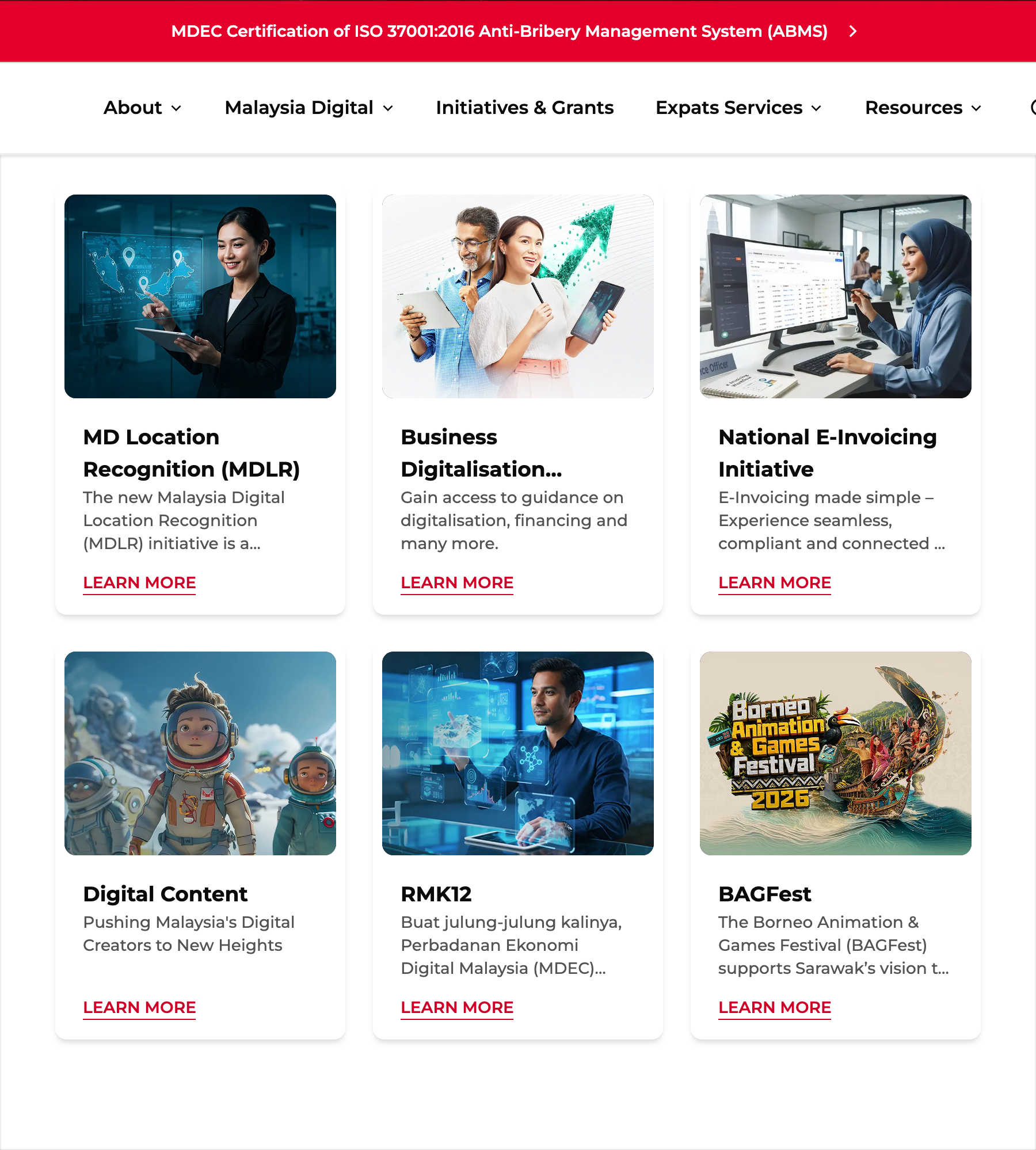 MDEC Initiatives and Grants page listing the Business Digitalisation Initiative among MDEC's current programmes for businesses