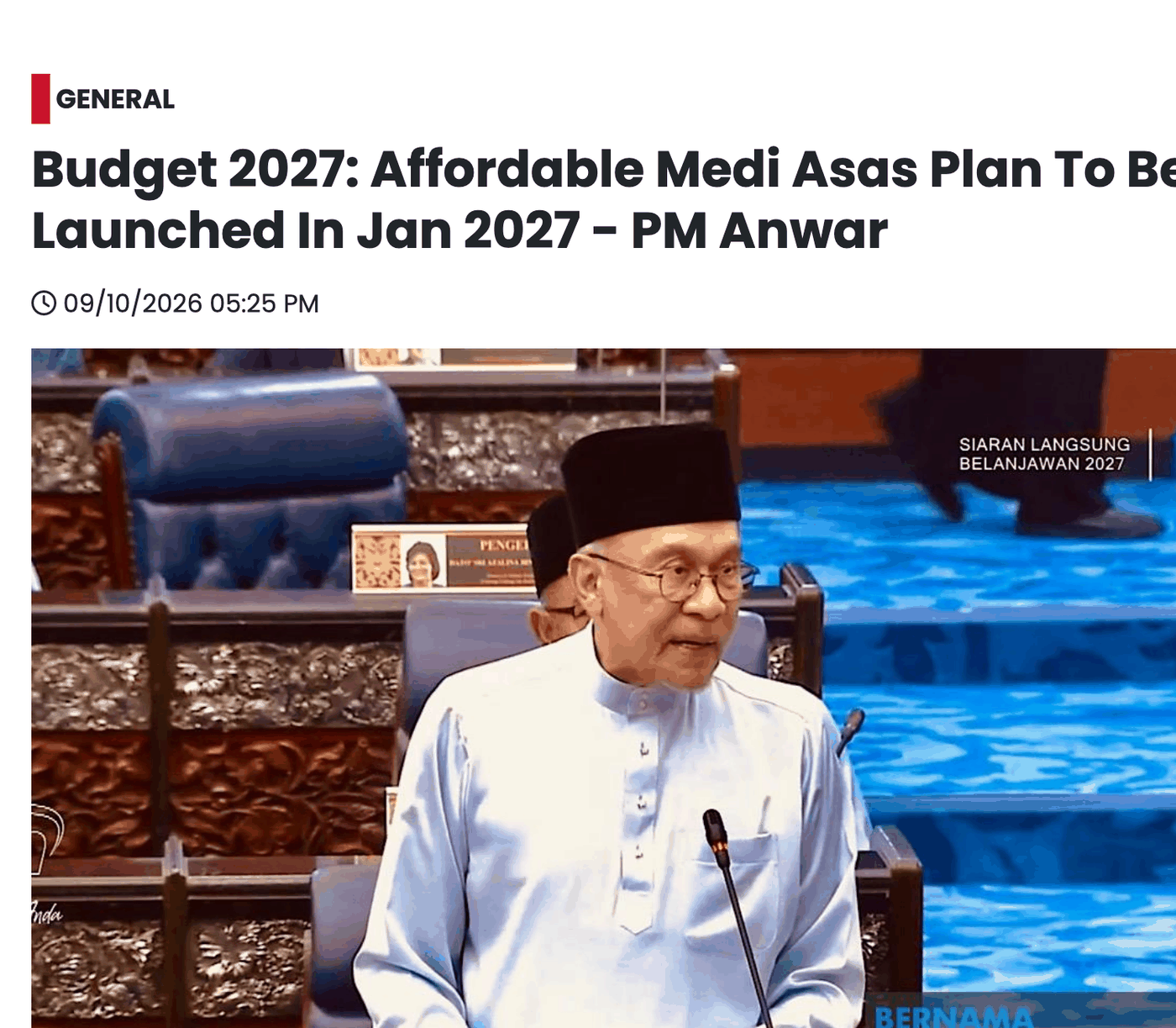Bernama report headlined Budget 2027: Affordable Medi Asas Plan To Be Launched In Jan 2027, quoting the Prime Minister on the RM200 per worker SME subsidy