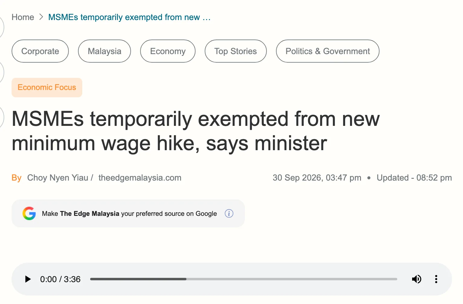 The Edge Malaysia report, showing the passage containing "exempt"
