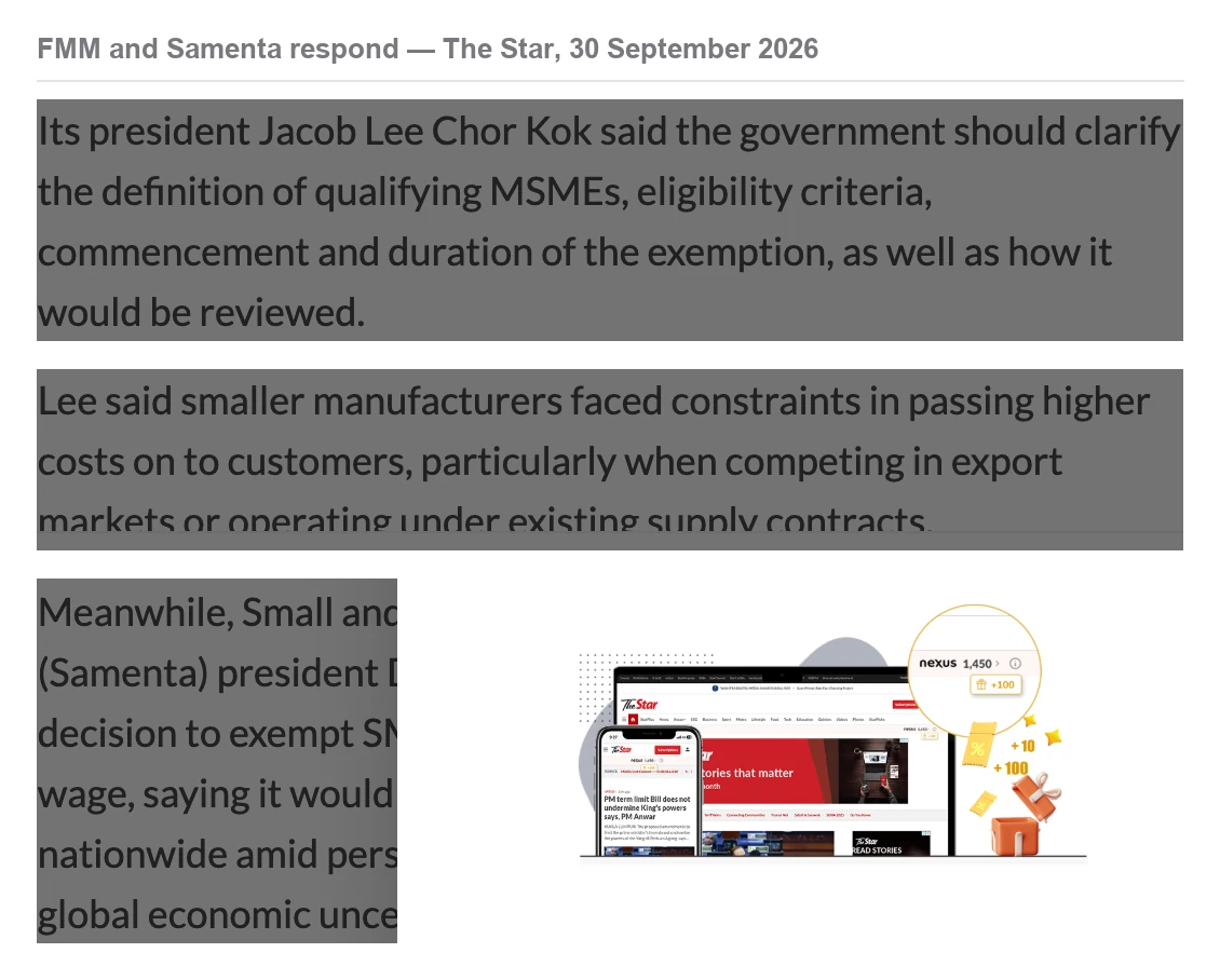 News text setting out the FMM's request for clarity on the MSME minimum wage exemption, and Samenta's response
