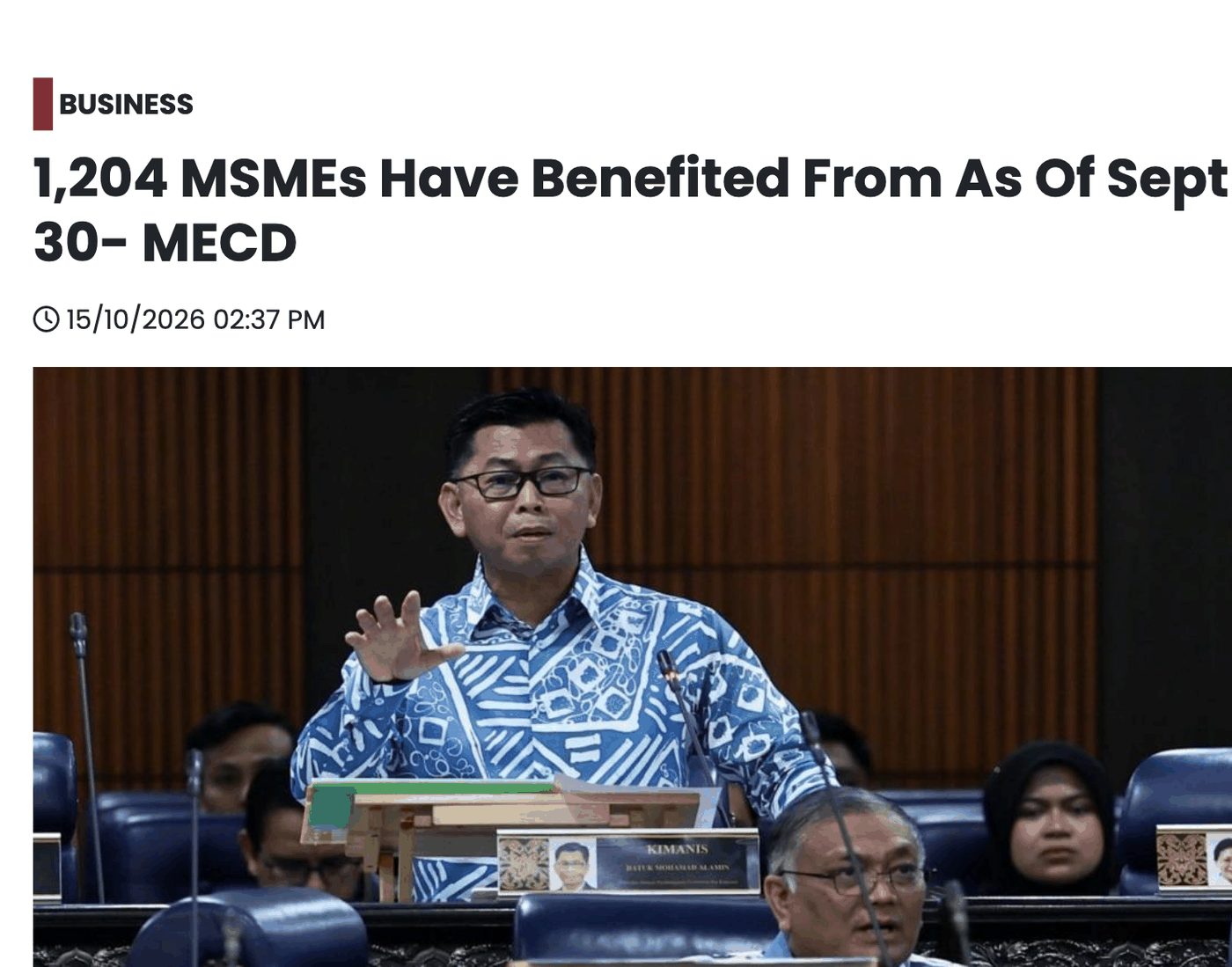 Bernama report titled 1,204 MSMEs Have Benefited From As Of Sept 30 - MECD, dated 15 October 2026, with a photograph of Deputy Minister Datuk Mohamad Alamin speaking in the Dewan Rakyat