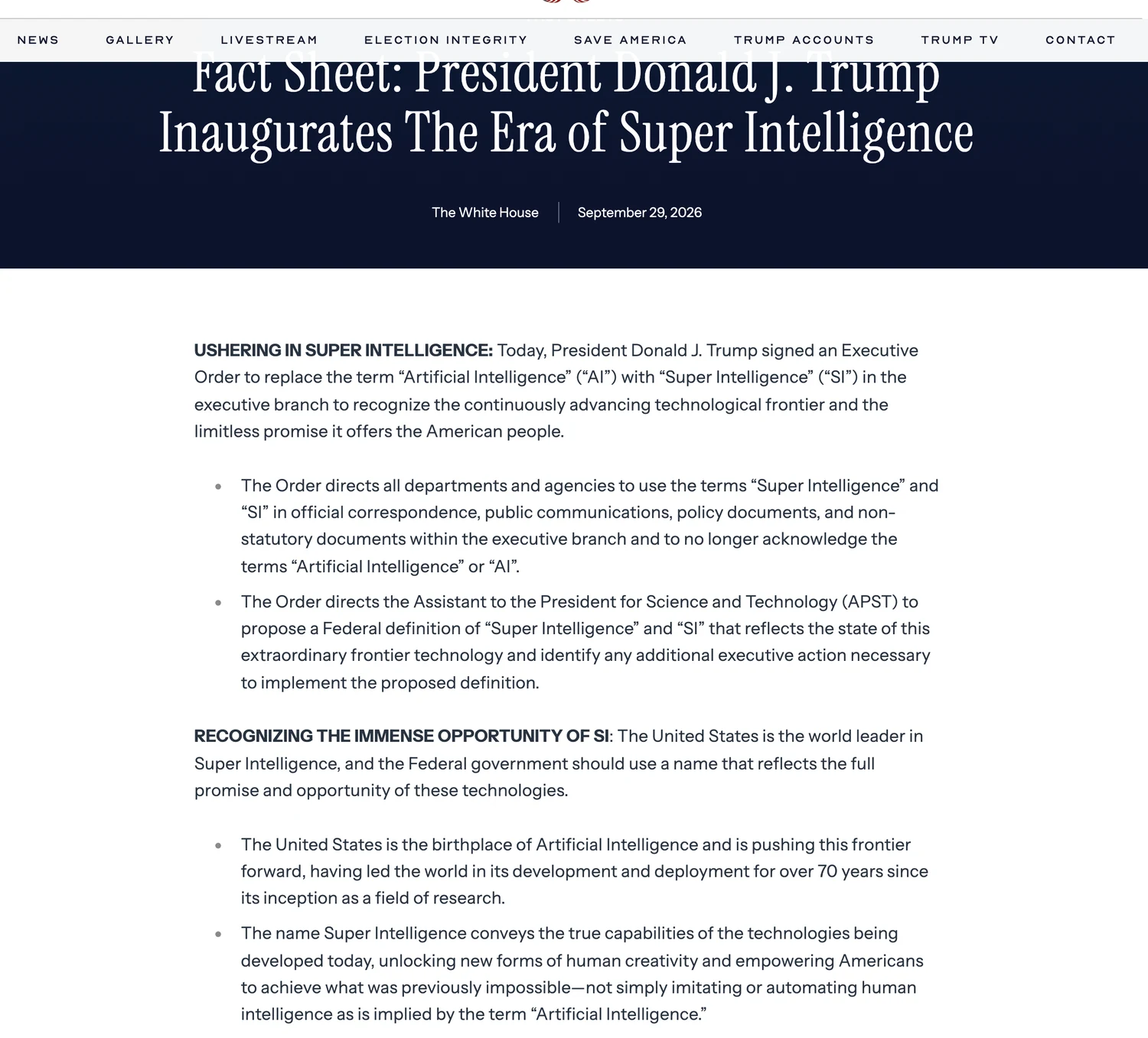 White House fact sheet of 29 September 2026 titled Inaugurates The Era of Super Intelligence, setting out the executive order replacing the term AI with Super Intelligence