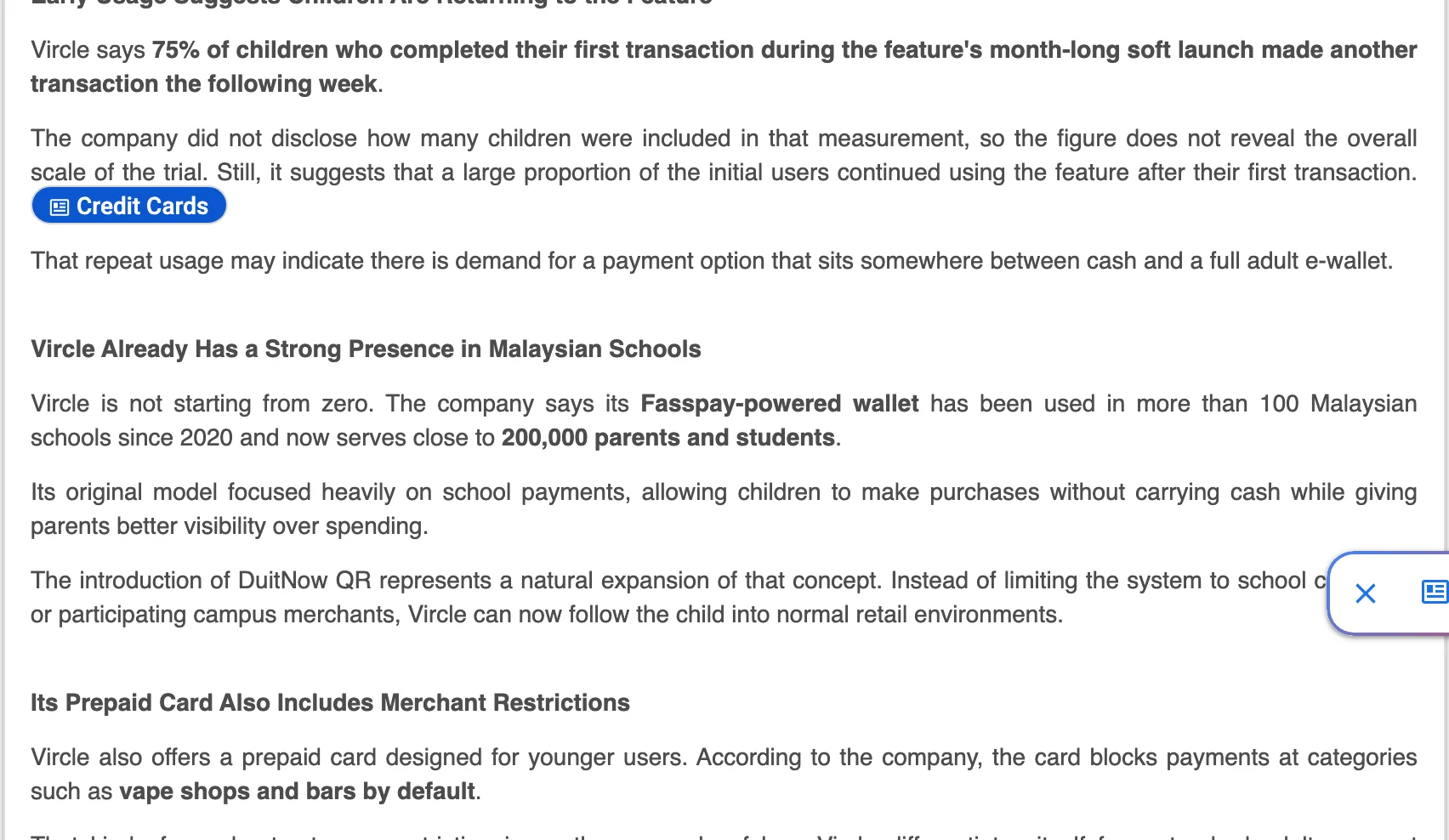 Lemon Web Solutions report on Vircle’s DuitNow QR expansion, showing the paragraph that 75% of children who completed a first transaction during the soft launch made another the following week