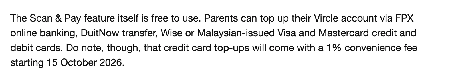 Price Shop Malaysia report on the Vircle Scan & Pay for Kids launch, showing the paragraph confirming a 1% convenience fee on credit card top-ups from 15 October 2026