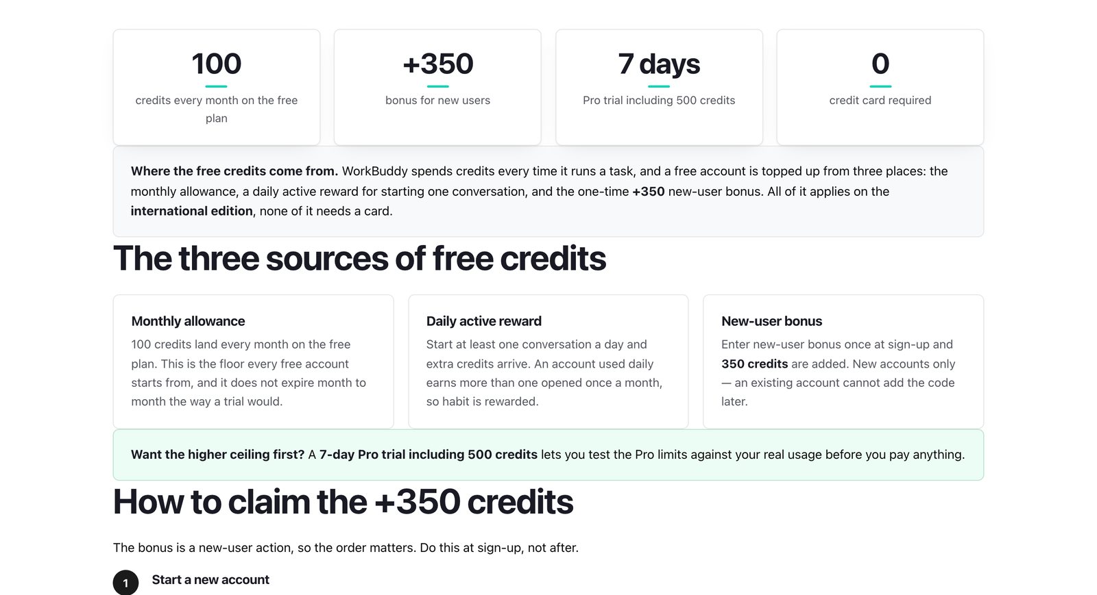 WorkBuddy Malaysia free credits page showing 100 credits every month, a 350 bonus for new users, a 7 day Pro trial and the three sources of free credits