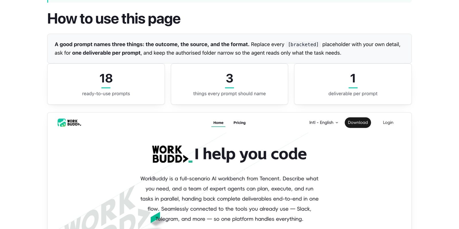 WorkBuddy Malaysia prompt library page showing 18 ready-to-use prompts and the three things every prompt should name