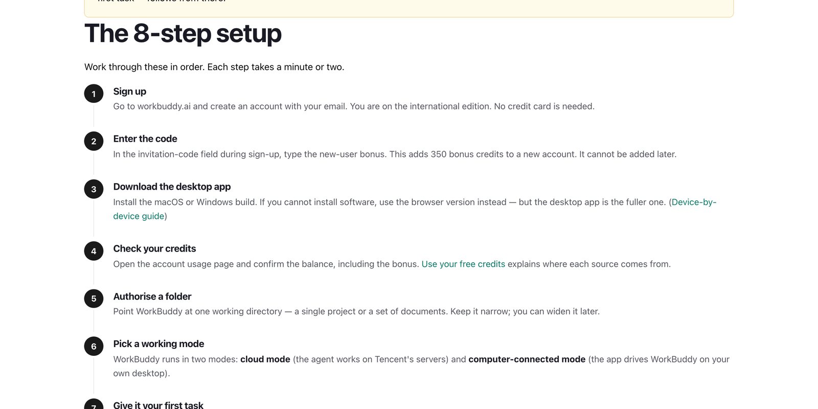 WorkBuddy Malaysia setup page showing The 8-step setup, from Sign up and Enter the code through to authorising a folder and picking a working mode