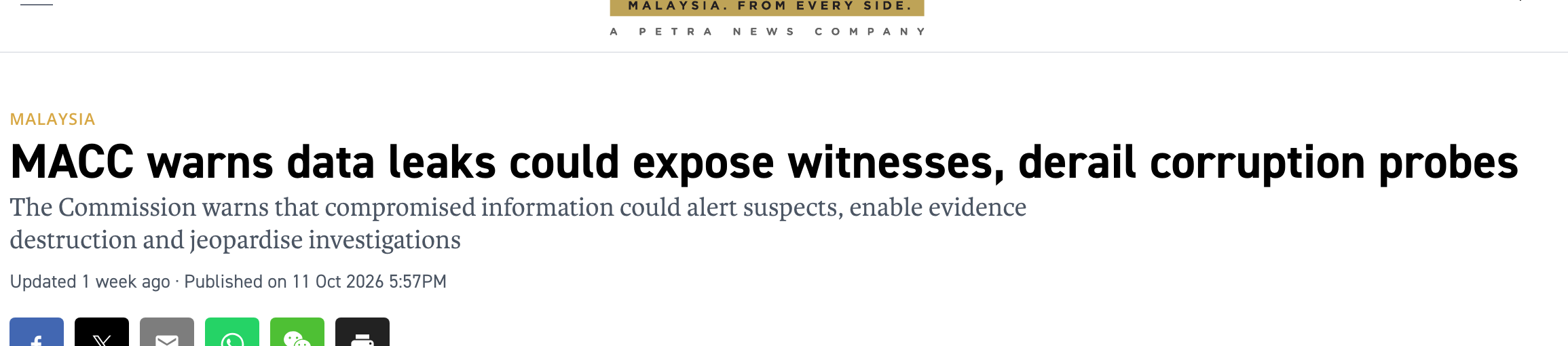 The Vibes report headlined MACC warns data leaks could expose witnesses, derail corruption probes, dated 11 October 2026